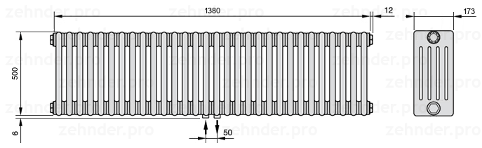 Схема (чертеж) Радиатор Zehnder Charleston 5050/30 №3470 Белый глянцевый RAL 9016
